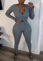 Women Solid Casual Zippered Ribbed Top and Pants Two-piece Set