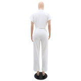 Versatile short Sleeve Shirt top solid color straight women's trousers Casual two-piece set