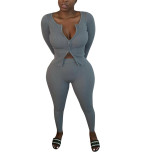 Women Solid Casual Zippered Ribbed Top and Pants Two-piece Set