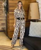 Women's Fashion Print Turndown Collar Long Sleeve Casual Shirt High Waist Straight Pants Set