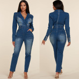 Women Turndown Collar Button Denim Jumpsuit