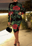 Plus Size Floral Printed Long Sleeve Bodycon Dress