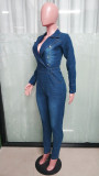 Women Turndown Collar Button Denim Jumpsuit