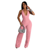 Fashion Women's Solid Color Low Back Deep V Halter Neck Jumpsuit