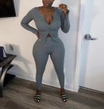 Women Solid Casual Zippered Ribbed Top and Pants Two-piece Set