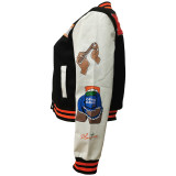 Women Fashion Velvet Print Embroidered Baseball Jacket