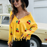 Women Loose V-Neck Tassel Crop Sweater
