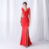 Women Wedding Ruffle Slit Dinner Evening Dress