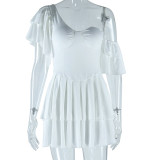 Women Solid Ruffle Sleeve Irregular Slash Shoulder Cascading Ruffles Dress