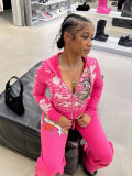 Women Printed Zipper Top and High Waist Straight Pants Two-piece Set