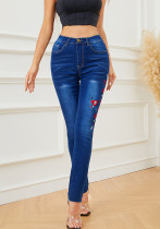 Women Embroidered High Waist Stretch Denim Pants