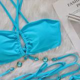 Women Sexy Crystal Diamond Bikini Halter Neck Crossover Lace-Up Two Pieces Swimwear