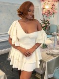 Women Solid Ruffle Sleeve Irregular Slash Shoulder Cascading Ruffles Dress