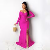 Women Sexy V-Neck Dress Solid Slit Long Sleeve Maxi Dress