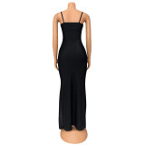 Women Sexy Suspender Slit Maxi Dress