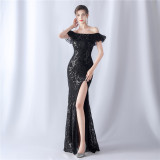 Women sequined ruffle off-the-shoulder Evening Dress