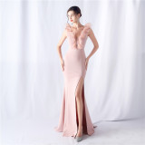 Women Wedding Ruffle Slit Dinner Evening Dress