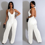 Fashion Women's Solid Color Low Back Deep V Halter Neck Jumpsuit