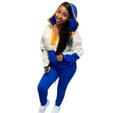 Women Autumn and Winter Casual Color Block Lamb Wool Hoodies Sports Two-piece Set