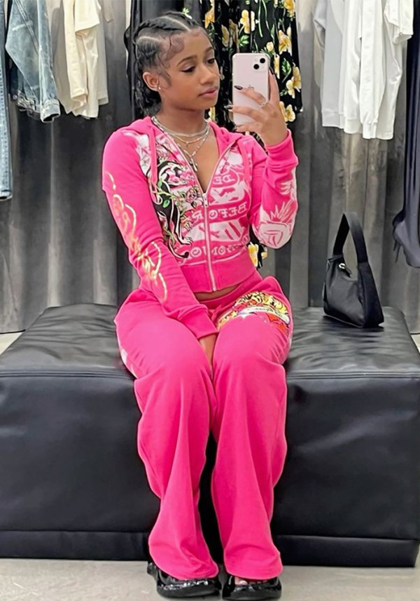 Women Printed Zipper Top and High Waist Straight Pants Two-piece Set