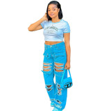 Women Street Style High Waist Ripped Pocket Straight Denim Pants