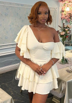 Women Solid Ruffle Sleeve Irregular Slash Shoulder Cascading Ruffles Dress