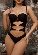Women Bikini Solid Hollow Lace-Up One-piece Swimwear