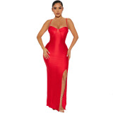 Women Sexy Suspender Slit Maxi Dress