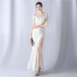 Women sequined ruffle off-the-shoulder Evening Dress