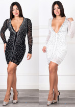 Women Sexy V-Neck Mesh Beaded See-Through Long Sleeve Dress Women Sexy V-Neck Mesh Beaded See-Through Long Sleeve Dress