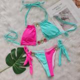 Women Crystal Diamond Bikini Sexy Colorblock Lace-Up Two Pieces Swimwear