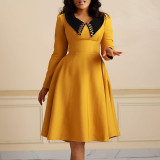 African Women Solid Long Sleeve Turndown Collar Elegant Dress