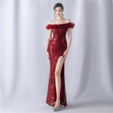 Women sequined ruffle off-the-shoulder Evening Dress