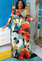 Plus Size Women Pocket Tie Printed Dress