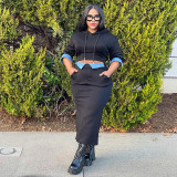 Women Winter Casual Long Sleeve Hoodies and Denim Patchwork Slit Skirt Two-piece Set