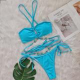 Women Sexy Crystal Diamond Bikini Halter Neck Crossover Lace-Up Two Pieces Swimwear