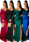 Women Sexy V-Neck Dress Solid Slit Long Sleeve Maxi Dress