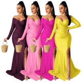 Women Sexy V-Neck Dress Solid Slit Long Sleeve Maxi Dress