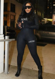Women Letter Printed Black Casual Yoga Fitness Jumpsuit