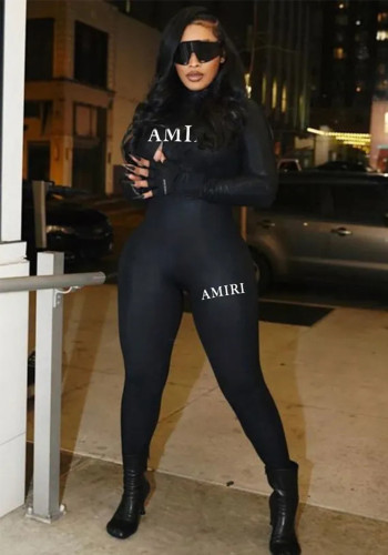 Women Letter Printed Black Casual Yoga Fitness Jumpsuit