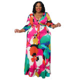 Plus Size Women Pocket Tie Printed Dress