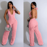 Fashion Women's Solid Color Low Back Deep V Halter Neck Jumpsuit