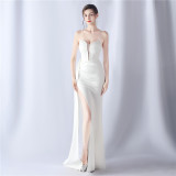 Women fishbone beaded high-end slit evening dress