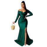 Women Sexy V-Neck Dress Solid Slit Long Sleeve Maxi Dress