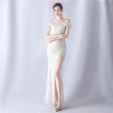 Women sequined ruffle off-the-shoulder Evening Dress