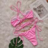 Women Sexy Crystal Diamond Bikini Halter Neck Crossover Lace-Up Two Pieces Swimwear
