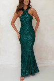 Women Sexy Backless Sleeveless Sequin Maxi Evening Dress