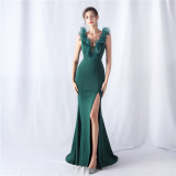 Women Wedding Ruffle Slit Dinner Evening Dress