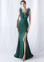 Women Wedding Ruffle Slit Dinner Evening Dress