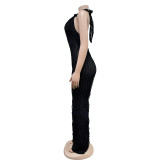Fashion Women's Solid Color Low Back Deep V Halter Neck Jumpsuit